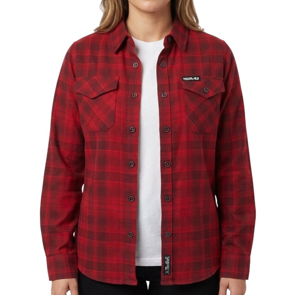 Dixxon Flannel Co Miller 43 Thriller Women Small Red Plaid D-Tech Button Up Top